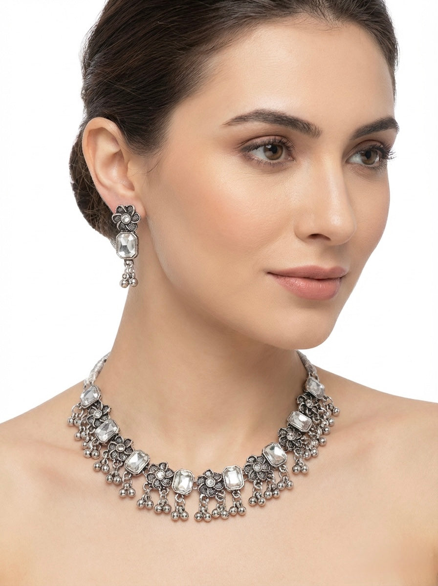 The Kundan Legacy: Oxidised Silver & White Kundan Stone Necklace Set with Earrings | Famaza Couture