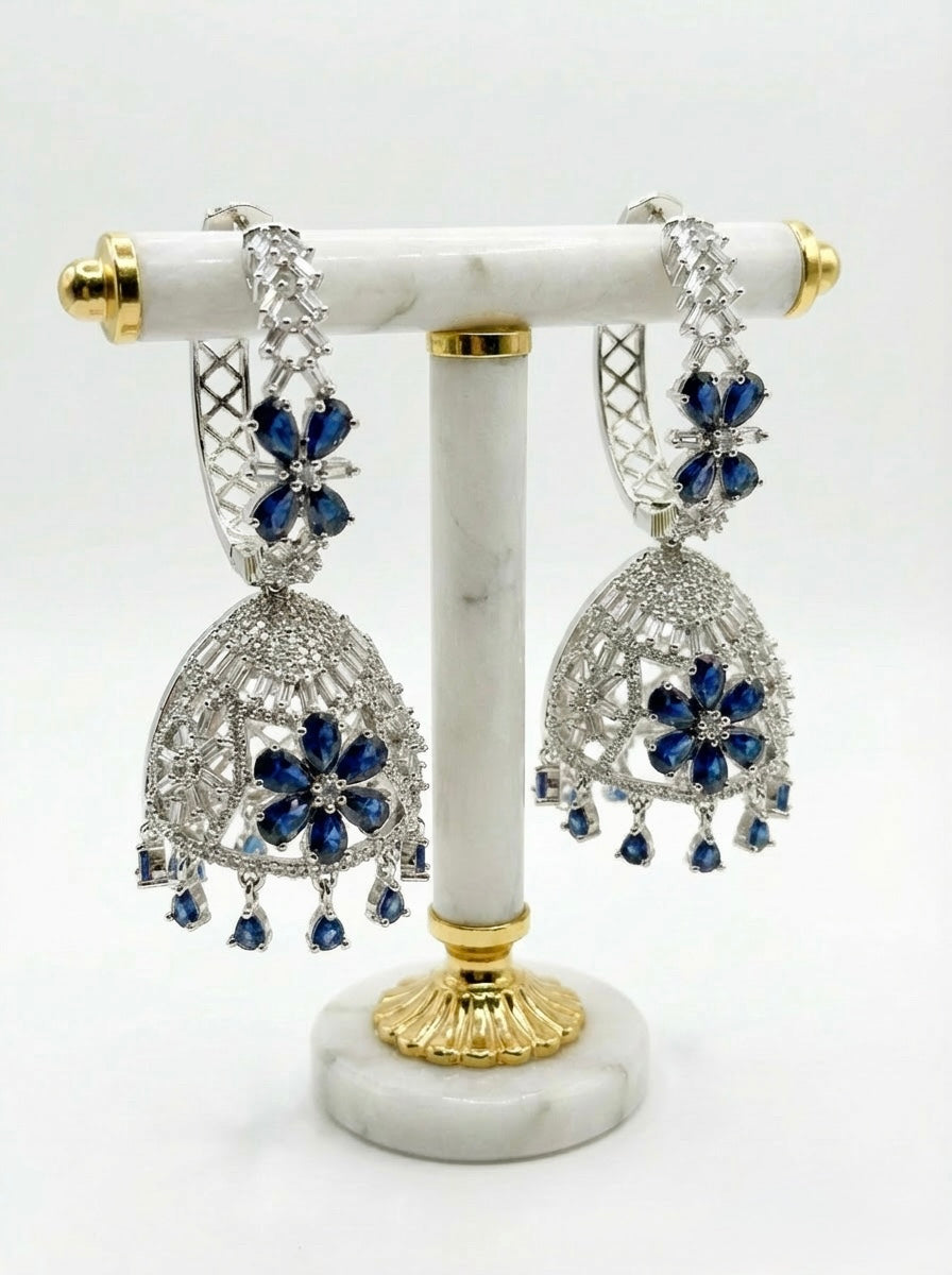 Premium Silver Imitation American Diamond Jhumka Earrings | Famaza Couture