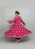 Hand-Embroidered Hot Pink ColourLong multi layered Flared Dress full rear view-Luxury Chikankari by Famaza Couture London