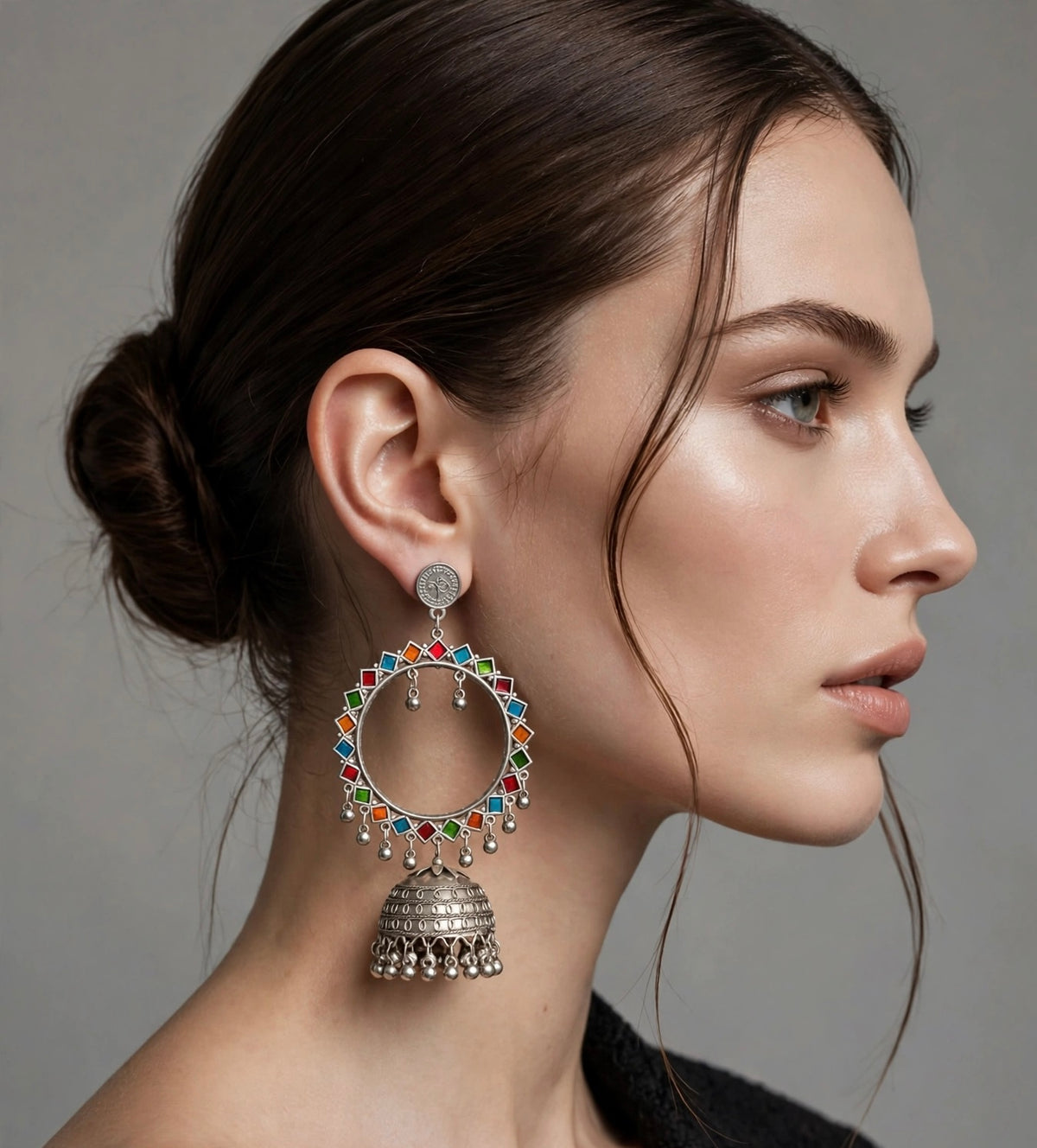 Oxidised Silver-Tone Hoop Jhumka Earrings