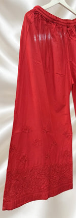Crimson Red Hand-Embroidered Chikankari Wide-Leg Trousers