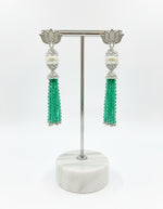 Earrings with Lotus flower stud than white pearl and than bottle green colour glass beads multi layers in hanging design. 