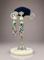 Earrings with Lotus flower stud than white pearl and than multi colour glass beads multi layers in hanging design. 