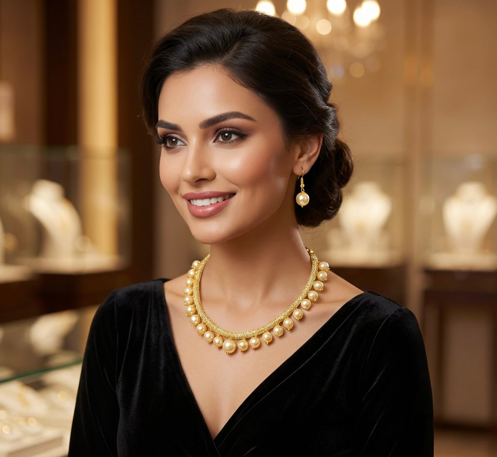 Elegant Golden Pearl Choker Set for Bridal and Partywear - Famaza Couture Wembley