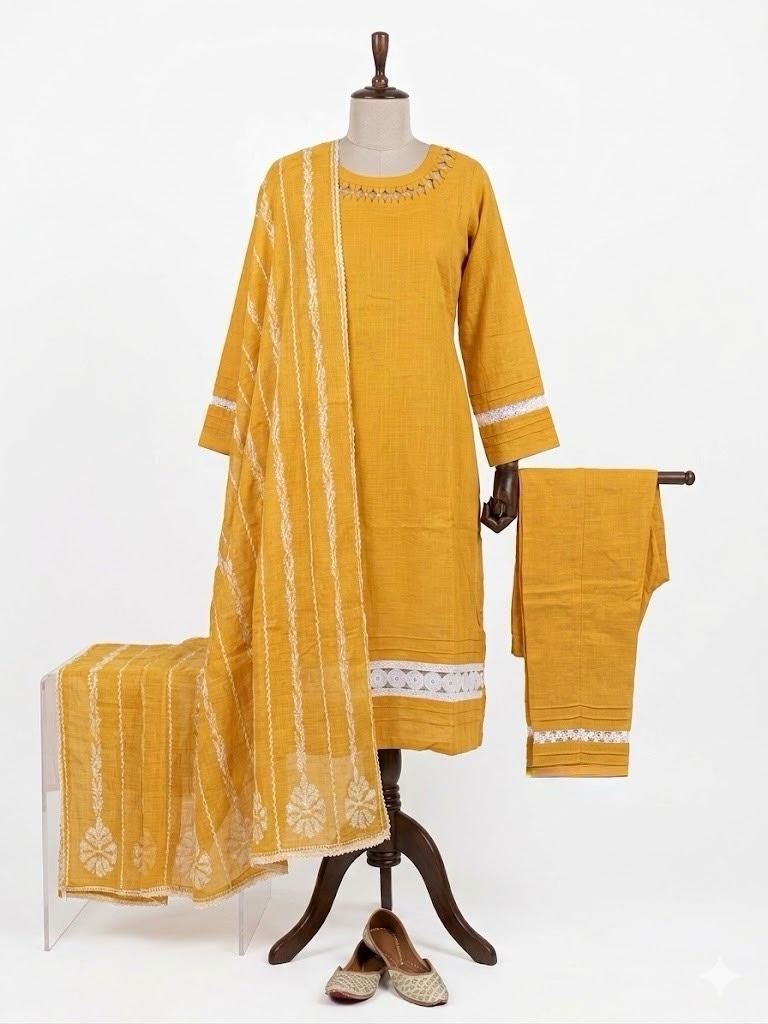 Mustard yellow Kota Doriya kurta set featuring a cut-out neckline, white lace trim on sleeves and hem, paired with pintuck trousers and an embroidered dupatta.