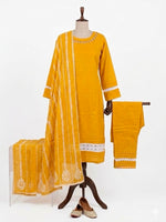 Mustard yellow Kota Doriya kurta set featuring a cut-out neckline, white lace trim on sleeves and hem, paired with pintuck trousers and an embroidered dupatta.