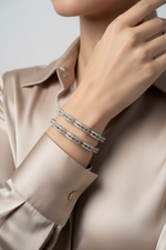 Zia Wave American Diamond bangle set – silver plated scalloped wave design on female wrist, showing sparkle of cubic zirconia stones – trendy bridal bracelet
