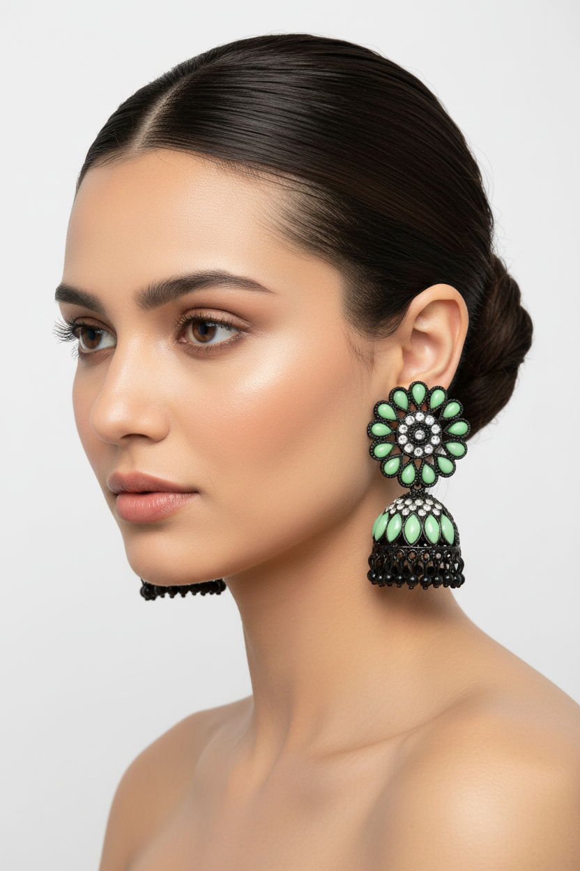 Model is wearing Elegant black brass jhumka earrings featuring a refreshing mint green stone floral stud and matching mint stone inlay on the jhumka dome.