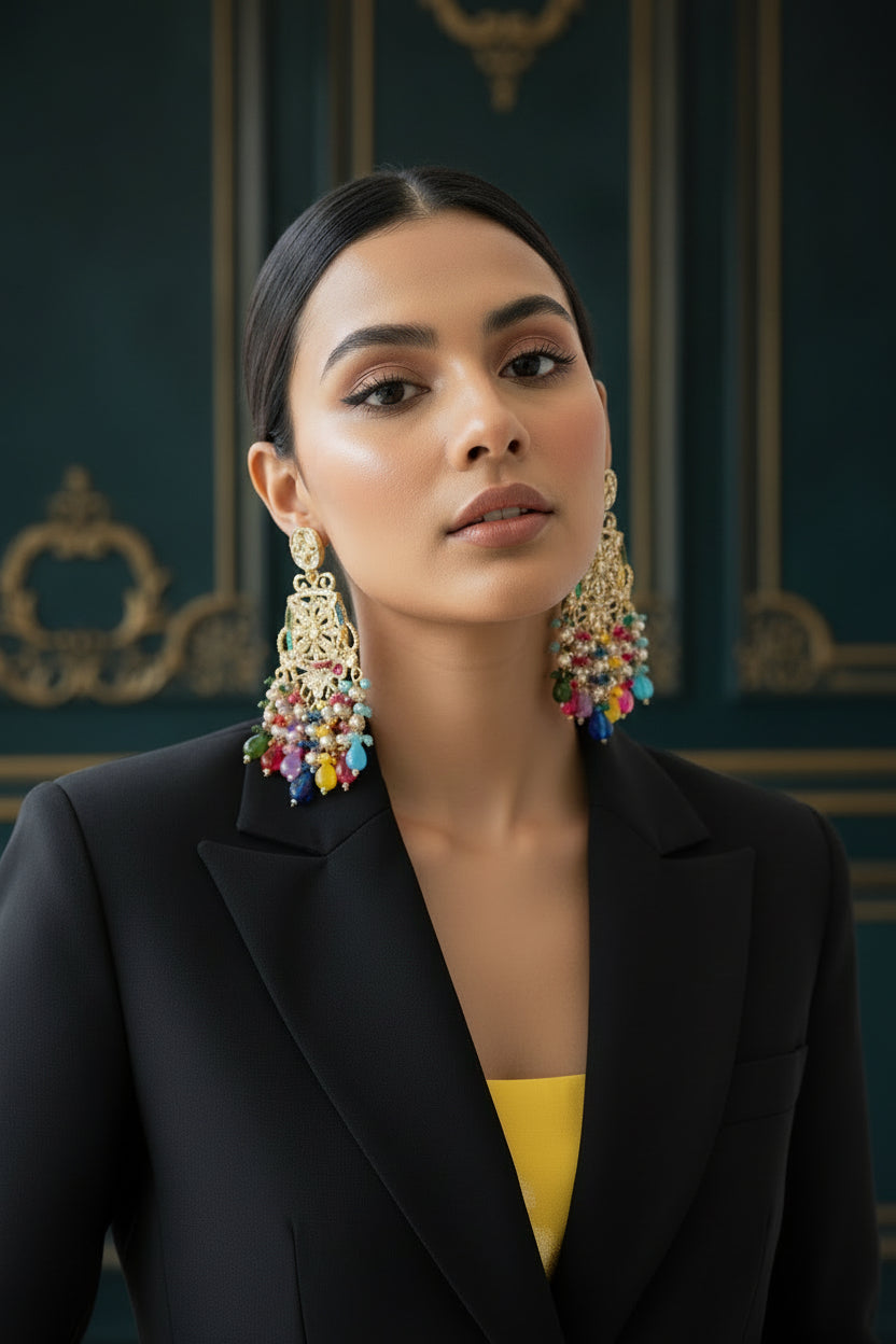 Elegant bridal jewellery look featuring handcrafted rose gold tassel earrings with vibrant crystals, perfect for party wear and wedding guest attire.