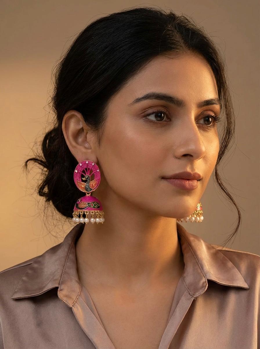 Elegant model styling 5.5cm hot pink Meenakari jhumkas with a classic bell-shaped drop and pearl finish.