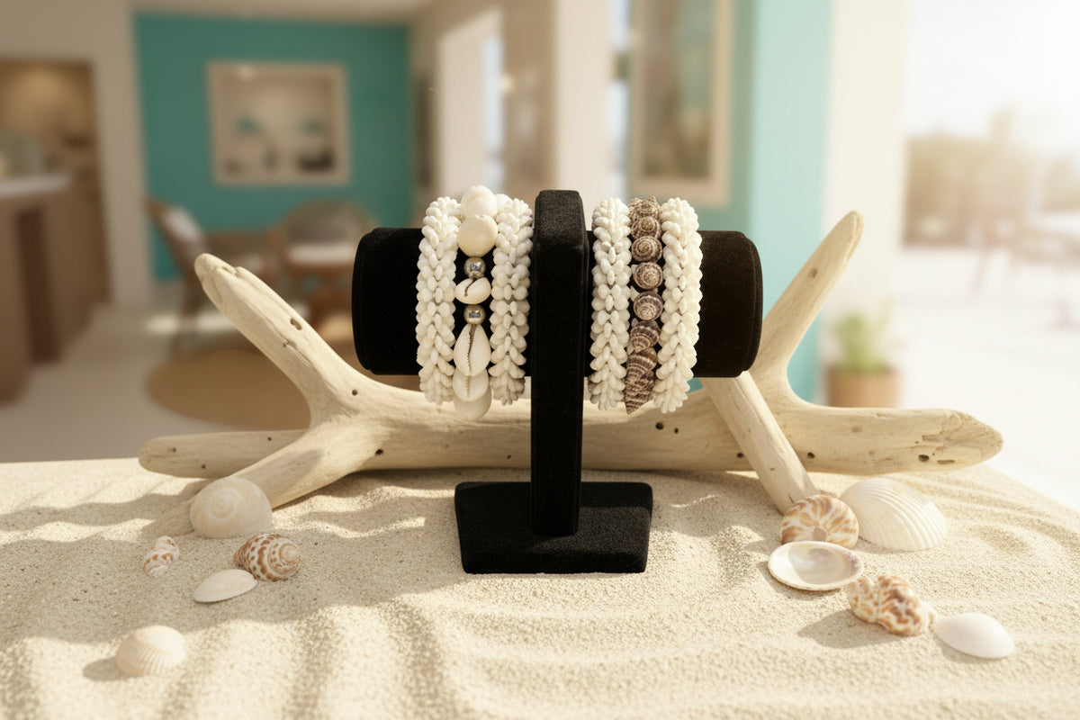 Elegant shell bead bracelet displayed as a unique alternative to pearls; ideal for beach bridal jewellery, outdoor wedding guest accessories, and high-end evening jewellery for summer parties.