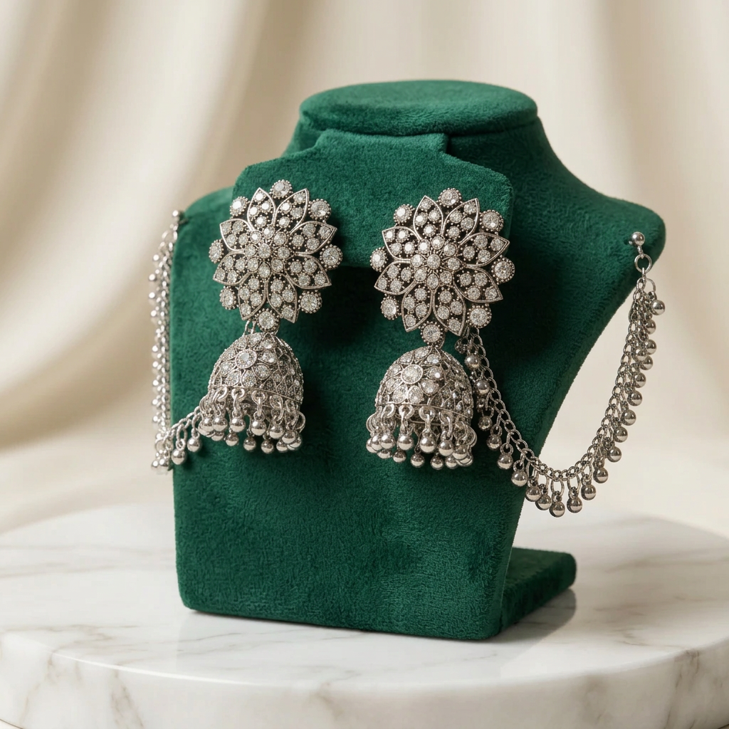 Silver-toned Indian jhumka earrings displayed on a cream jewelry bust, featuring floral clusters and dangling bell-shaped charms with clear stones.