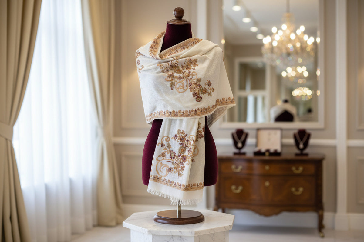 Embroidered fabric with floral patterns on a plain background