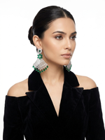 Grand emerald green and American Diamond geometric mesh statement earrings.