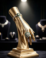 Emerald green & zircon silver hand harness hathphool displayed on luxury gold hand stand — premium bridal jewelry showcase.