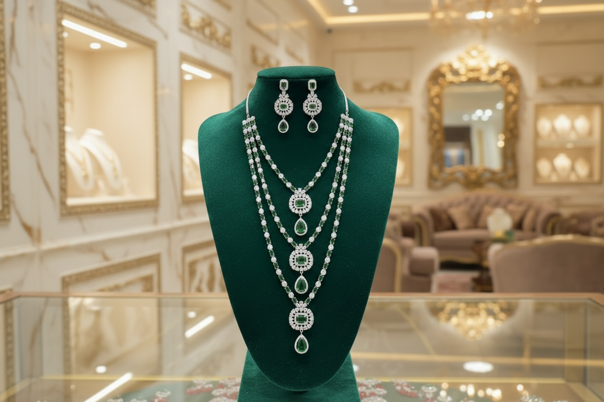 Emerald green bridal layered necklace set with earrings