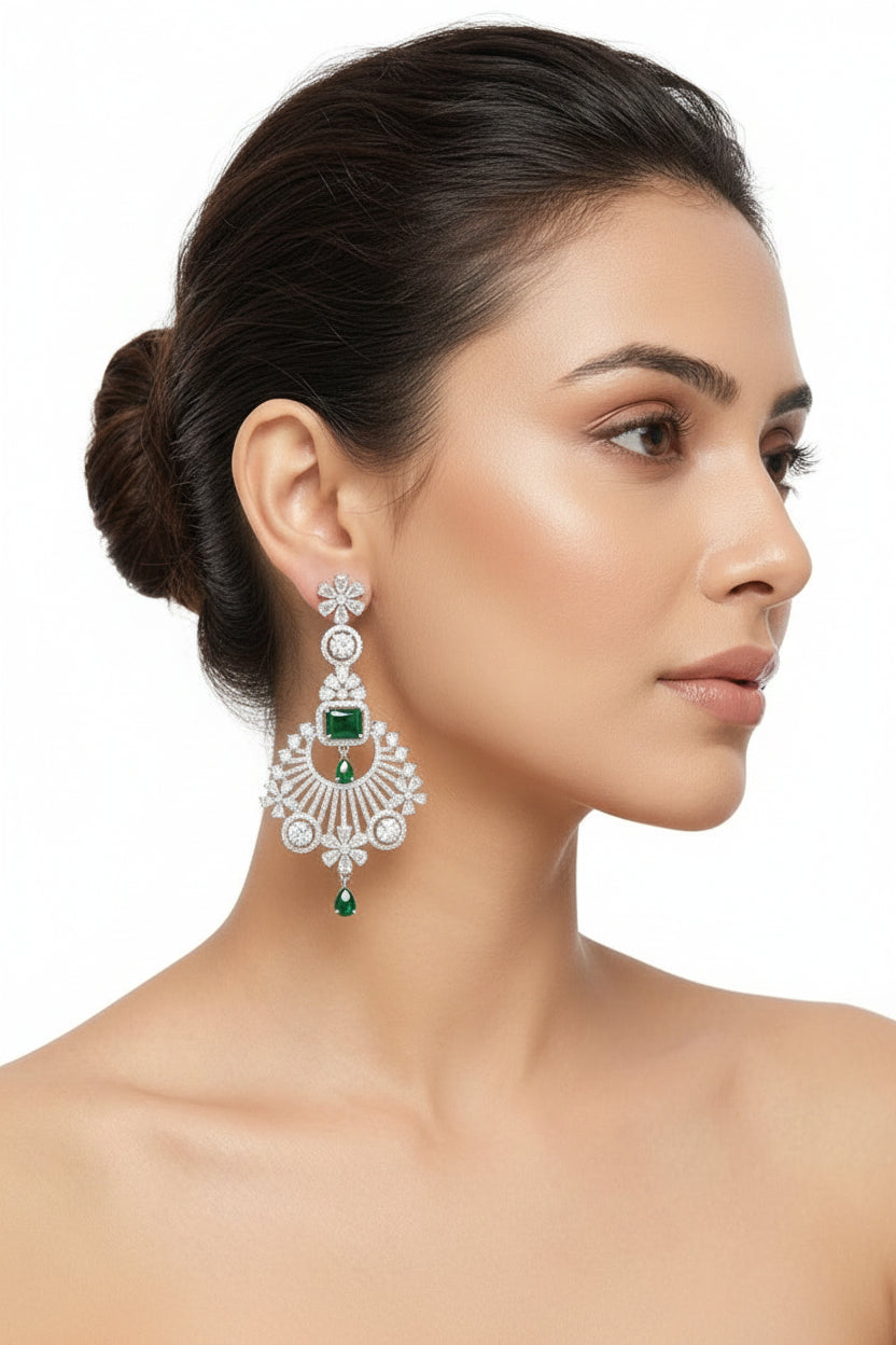 Emerald green royalty American Diamond statement chandelier earrings.