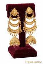 Ornate three-tier micro-gold plated earrings with a crescent chandelier structure and traditional bell-shaped jhumka drops.