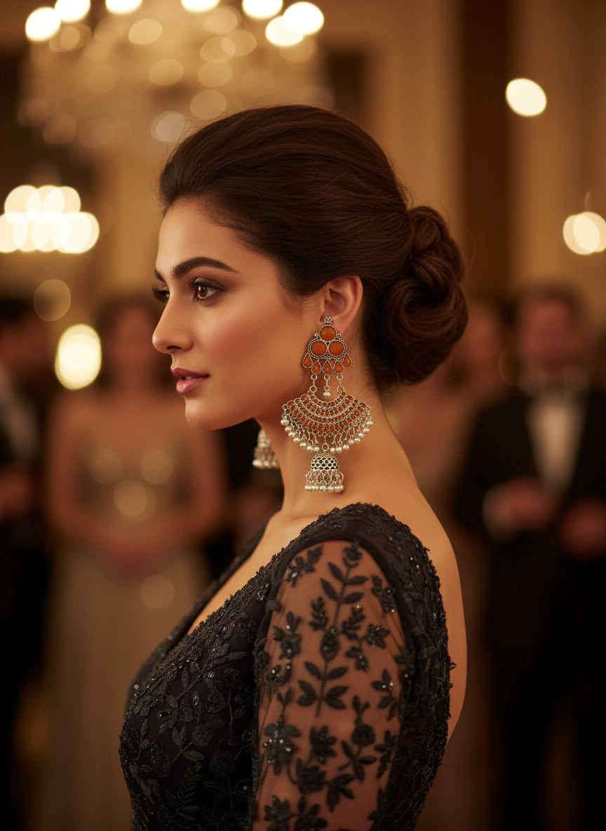 Enamel neon peach oxidised drop earrings with gungroo by famaza couture 