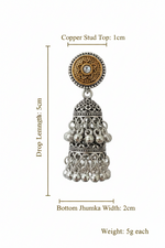 Dimension guide infographic showing a single heritage dual-tone oxidised silver jhumka earring against a white background, highlighting a 5cm drop length, 1cm copper stud top, 2cm bottom jhumka width, and a weight of 5g each.