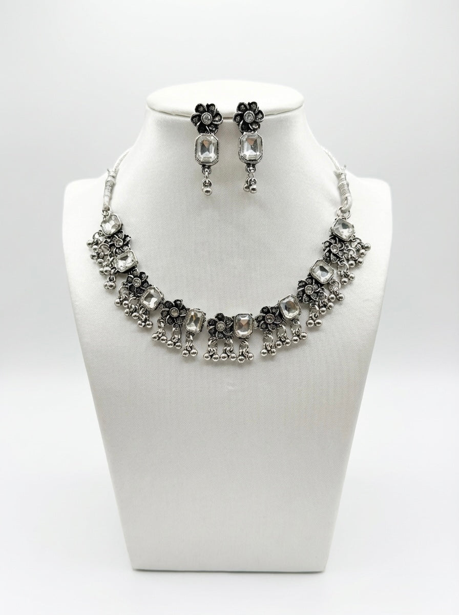 The Kundan Legacy: Oxidised Silver & White Kundan Stone Necklace Set with Earrings | Famaza Couture