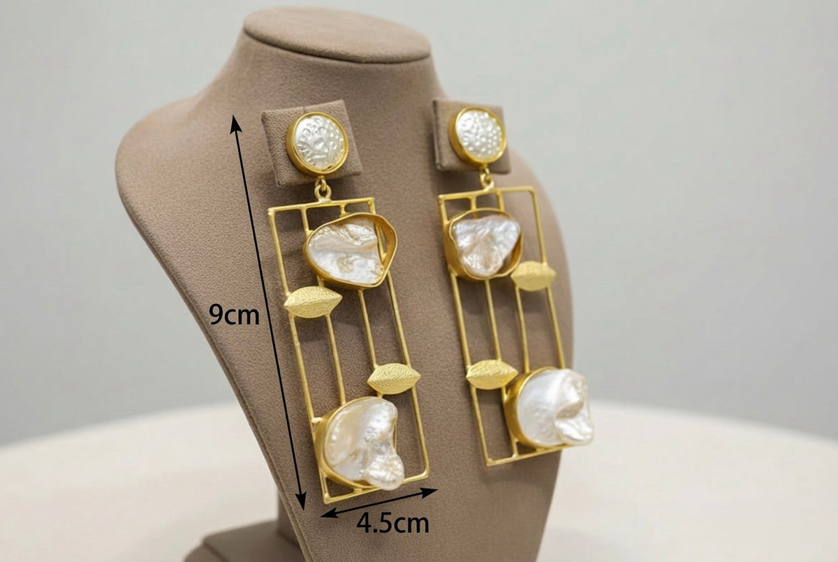 Gold Plated Mother of Pearls dangling Earrings | Party & Bridal Statement Jewellery – Famaza Couture