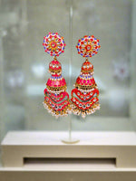 Hand-Painted Meenakari Jhumka Earrings with Kundan & Pearls – Famaza Couture