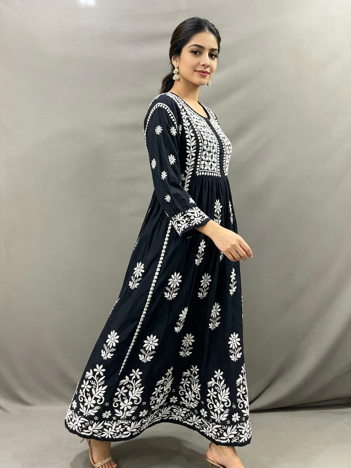 Exquisite Chikankari Naira Cut Gown-Style Dress – Double-Sided Embroidery
