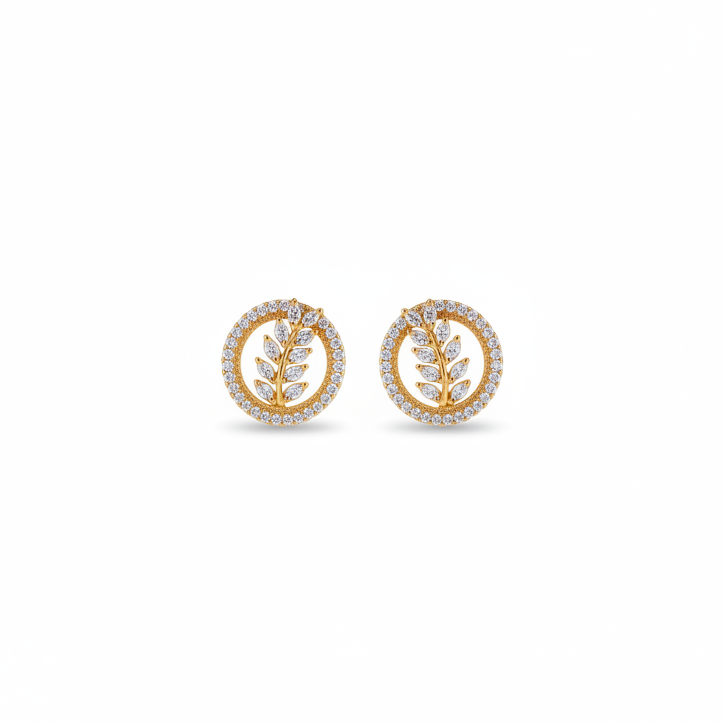 A pair of gold leaf stud earrings set with clear marquise and round-cut gemstones, displayed on a clean white background.