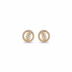 A pair of gold leaf stud earrings set with clear marquise and round-cut gemstones, displayed on a clean white background.