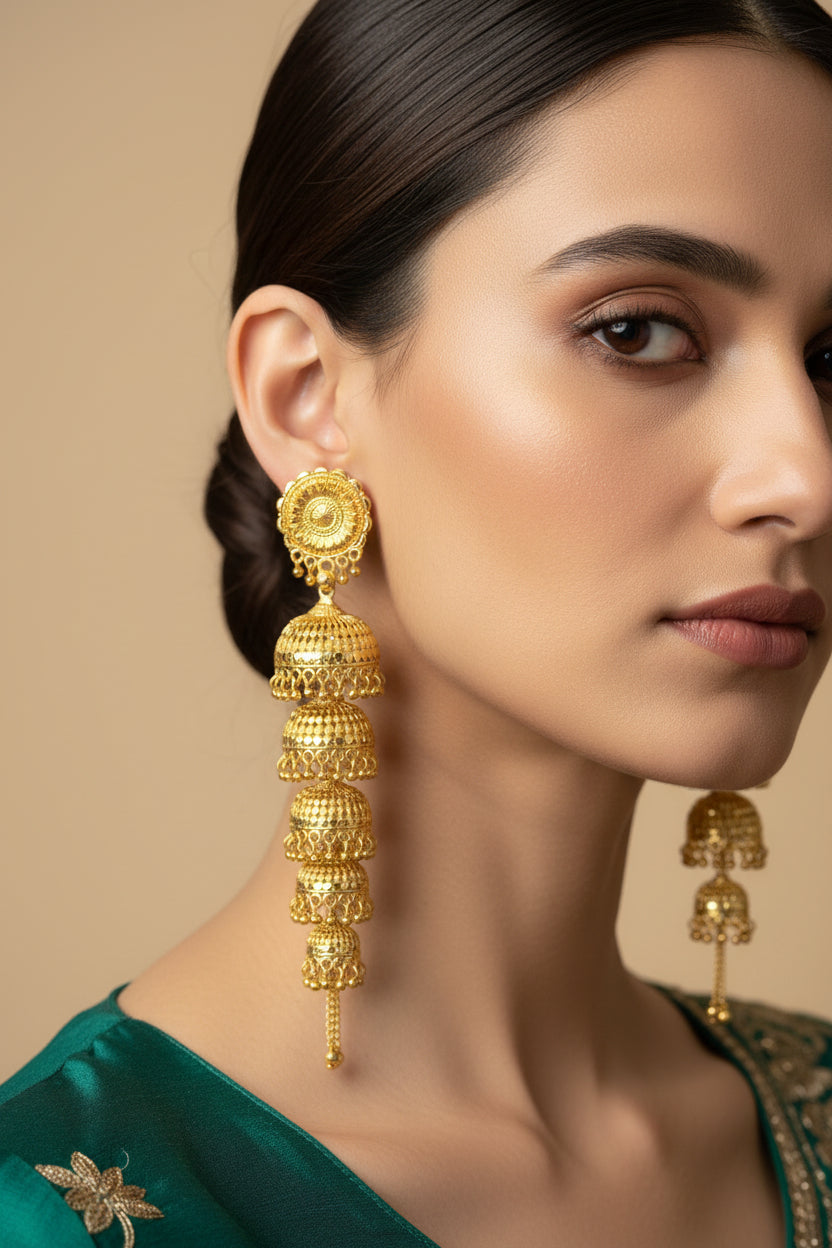 Elegant model wearing Famaza 5-tier long gold jhumka earrings featuring intricate dome detailing and traditional craftsmanship.