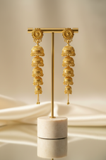 Elegant stand display Famaza 5-tier long gold jhumka earrings featuring intricate dome detailing and traditional craftsmanship.