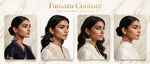 Luxury banner for Famaza CoutureChandbali Collection showing four distinct silver hoop earring designs — black filigree, vibrant multi-colour, pearl white, and pink-orange Meenakari — modelled against elegant marble gold background.