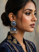 Cobalt blue mirror meenakari jhumka earrings with oxidized silver finish, handcrafted bead detailing and hanging ghungroos – Famaza Couture.