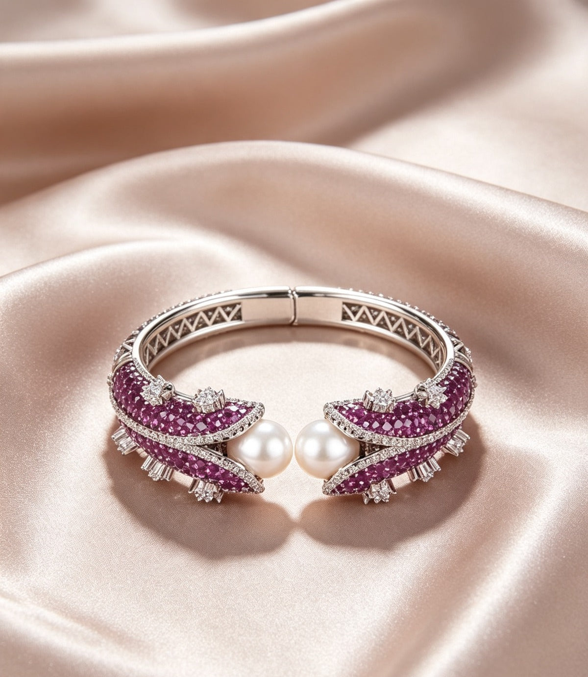 Pearl and purple crystal silver cuff bangle resting on soft champagne satin silk — Famaza Couture luxury jewelry, polished silver-tone open cuff with deep purple stones and luminous white pearls, elegant flat-lay product photography with warm cream fabric backdrop.