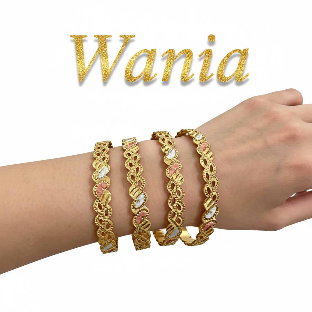 A stack of four Famaza Couture tri-tone interlocking bangles featuring a gold, rose gold, and silver scalloped lattice design worn on a wrist against a plain white background.