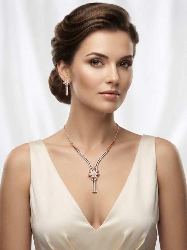 A model wearing the Famaza Couture signature dainty floral zircon necklace and matching floral stud earrings in a luxurious rose gold finish, styled for a sophisticated and elegant look.