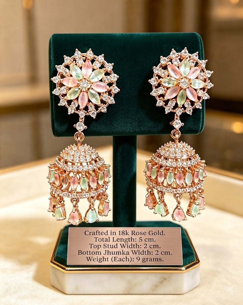 FC Rose Gold Dual Pastel Pink and Mint Green Floral CZ Jhumka Earrings displayed on a boutique stand with specification plate.