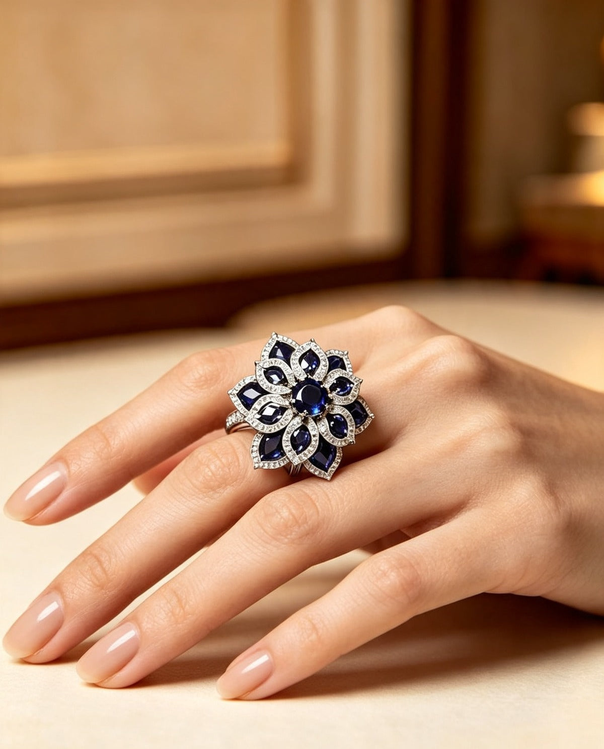 Close-up of a hand wearing an intricate, large silver cocktail ring designed as a blooming flower. The ring is set with a deep blue sapphire center, surrounded by pear-shaped blue sapphires and brilliant white American diamonds. The hand has a natural nude manicure, resting on a neutral surface.