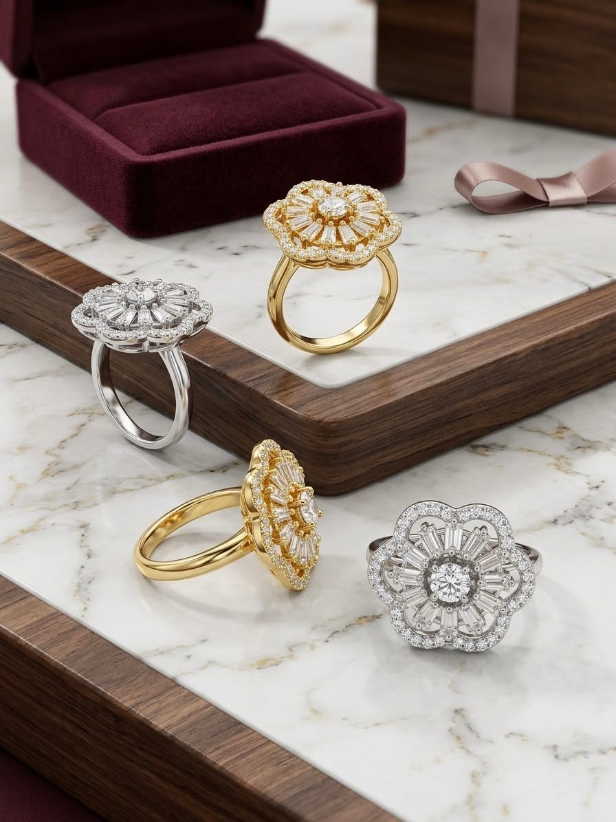 Four ornate flower-shaped rings displayed on a marble surface with wooden trays and a velvet ring box. The rings are in yellow gold and silver metals, some adorned with clear gemstones.