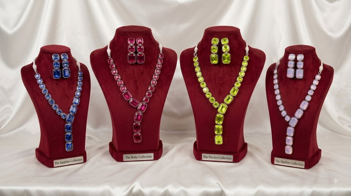 Four red velvet jewellery display busts on a white draped fabric background, each holding a matching necklace and earrings set in different gemstone colours: blue, pink, yellow-green, and light purple.