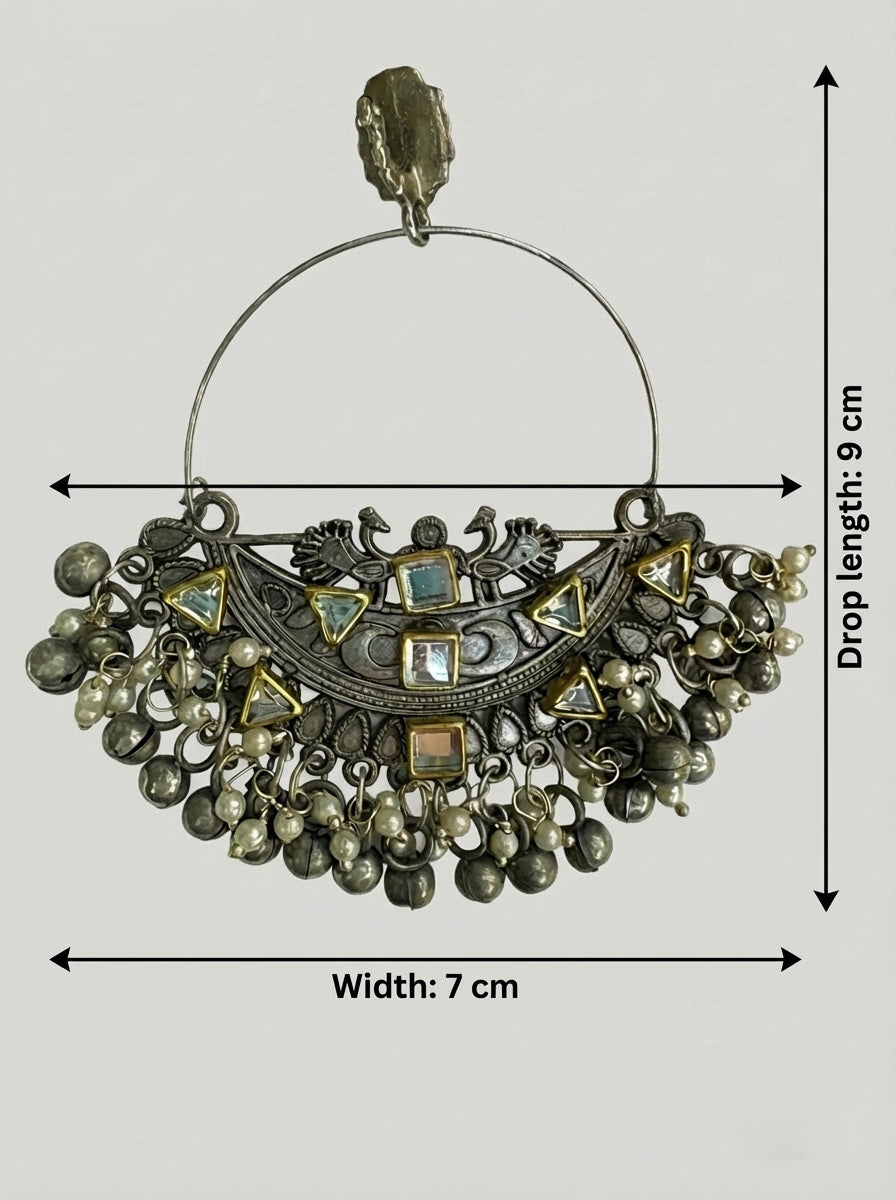 Oxidised Silver Chandbali Earrings with Kundan Stones | Traditional Indian | Pakistani Party, Bridal & Navratri Jewellery – Famaza Couture