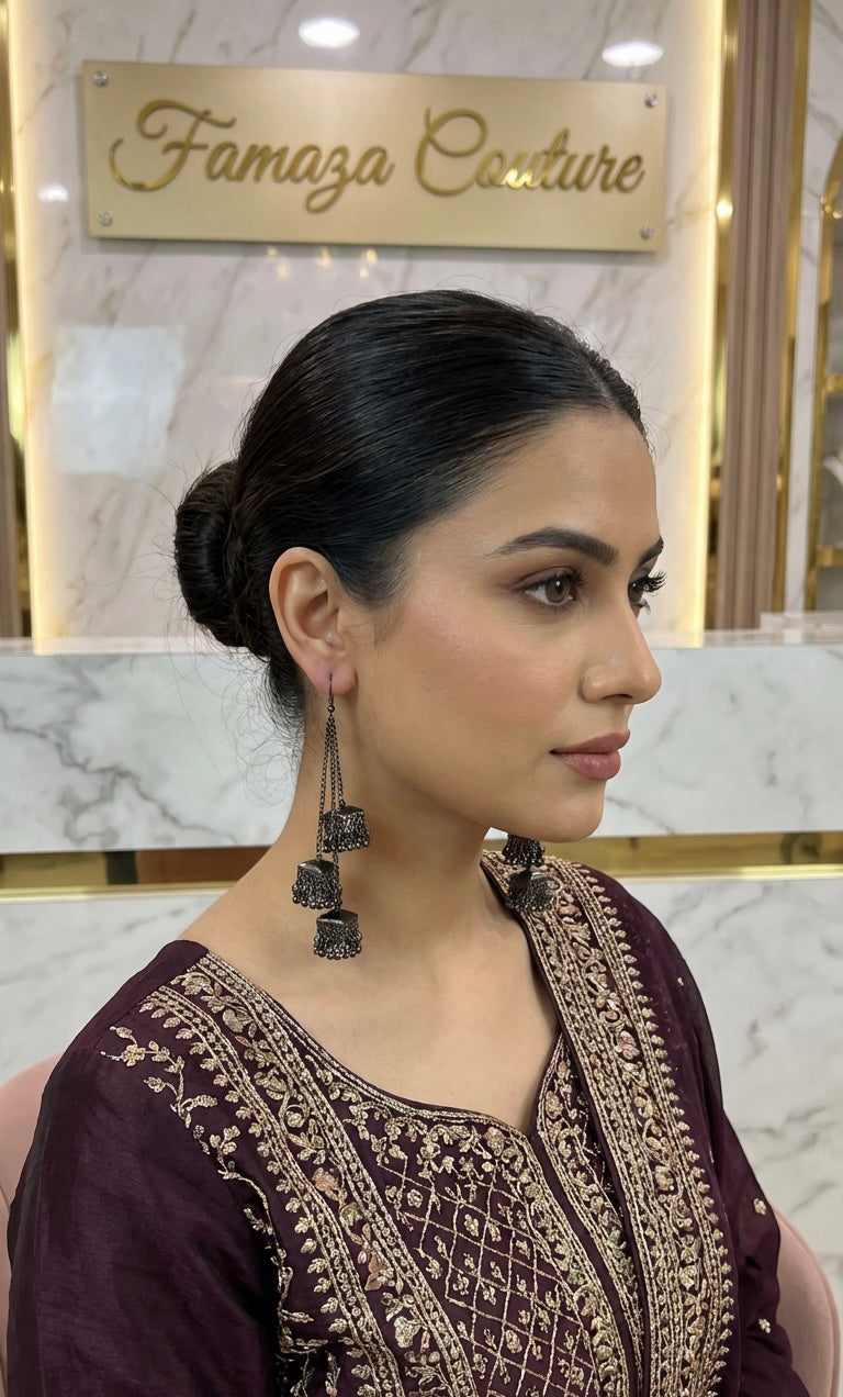 Black Chandelier Earrings | Handcrafted Oxidised Silver Drop Jhumkey – Famaza Couture London