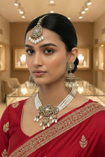Brass / Rose Gold Plated Statement Necklace & Maang Tikka Set | Posh Bridal Evening Jewellery