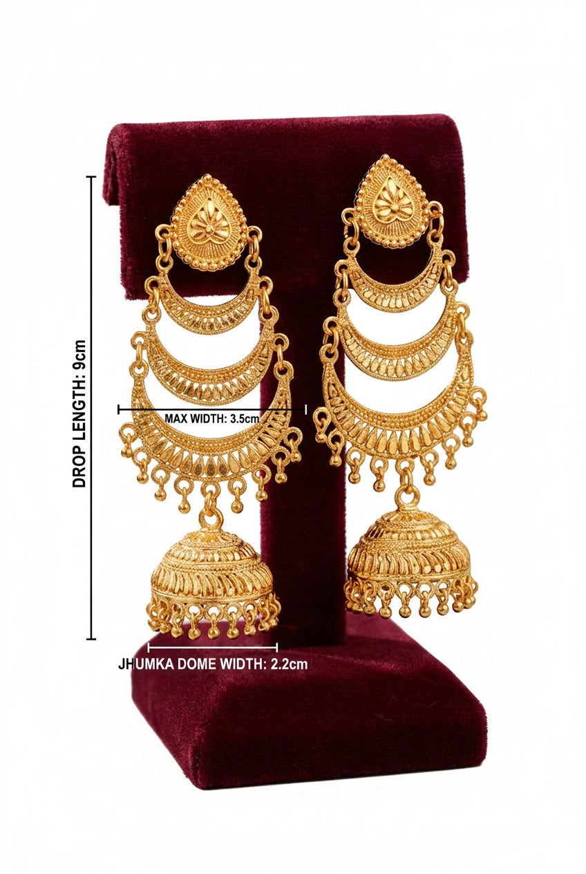 Handcrafted 3-Tier Gold Plated Jhumka Earrings – Filigree Cascade | 9-10cm Drop ✨👑