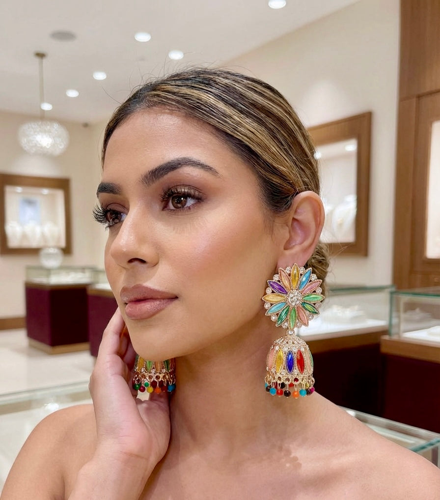 Pink Multicolour Stone Jhumkas | Lightweight Handcrafted Party Wear Earrings | Famaza Couture Wembley