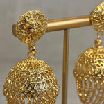 Close up of antique gold filigree lattice work and pearl clusters on Zayna Kashmiri jhumka