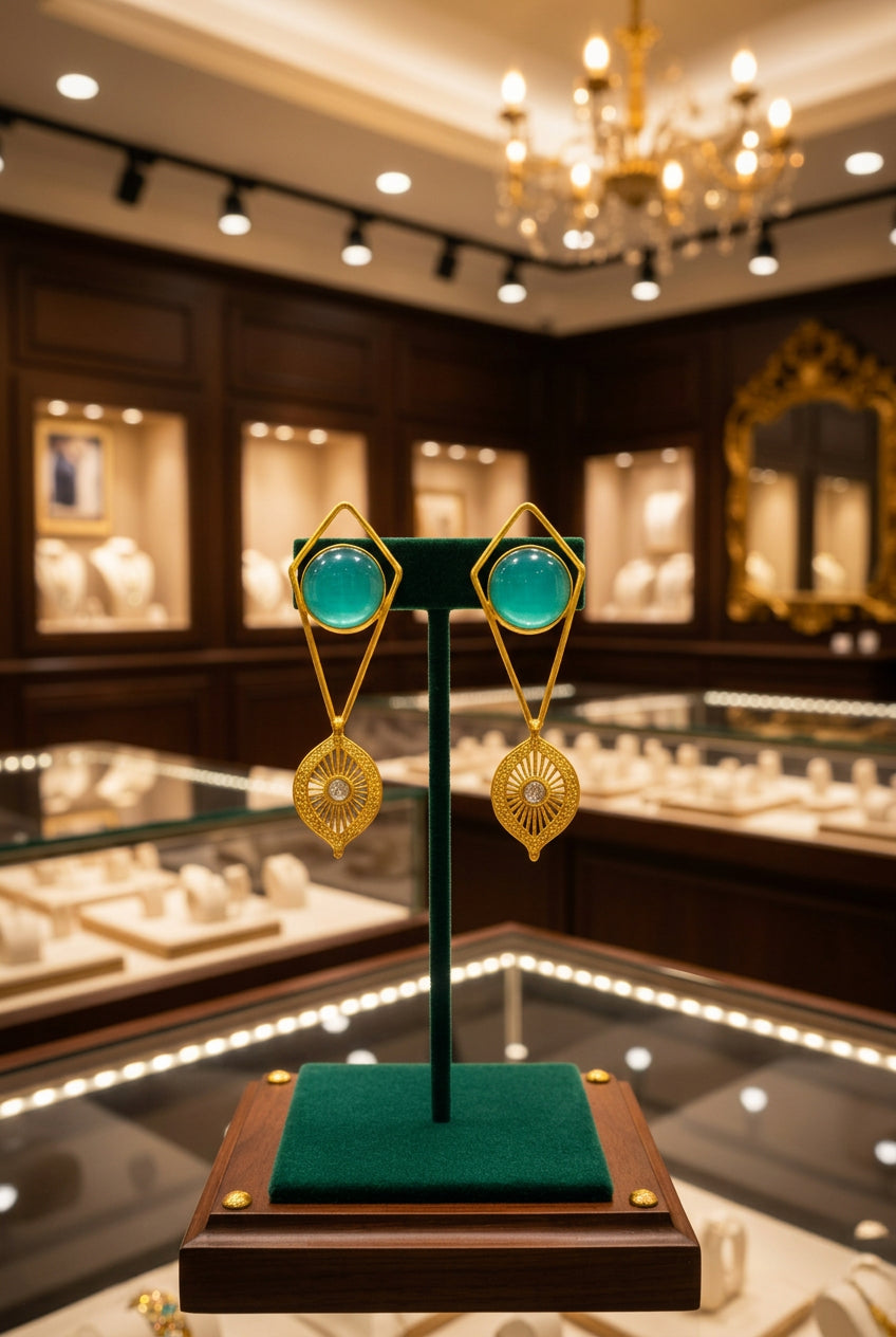 A pair of gold-coloured filigree earrings featuring round yellow stones at the centre, presented against a white background.