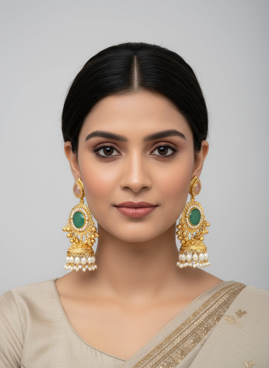 Gold and green earrings held up against a blurred background of jewellery store display.