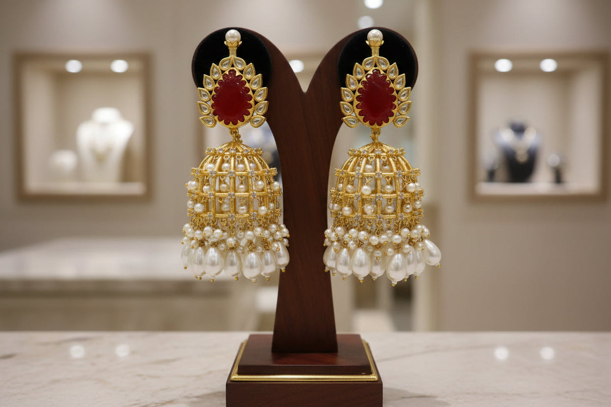 Gold and red earrings on a wooden stand with a blurred jewellery store background